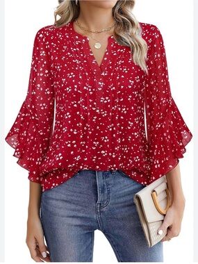Timeson Women's Red Floral V-Neck Ruffle Sleeve Top